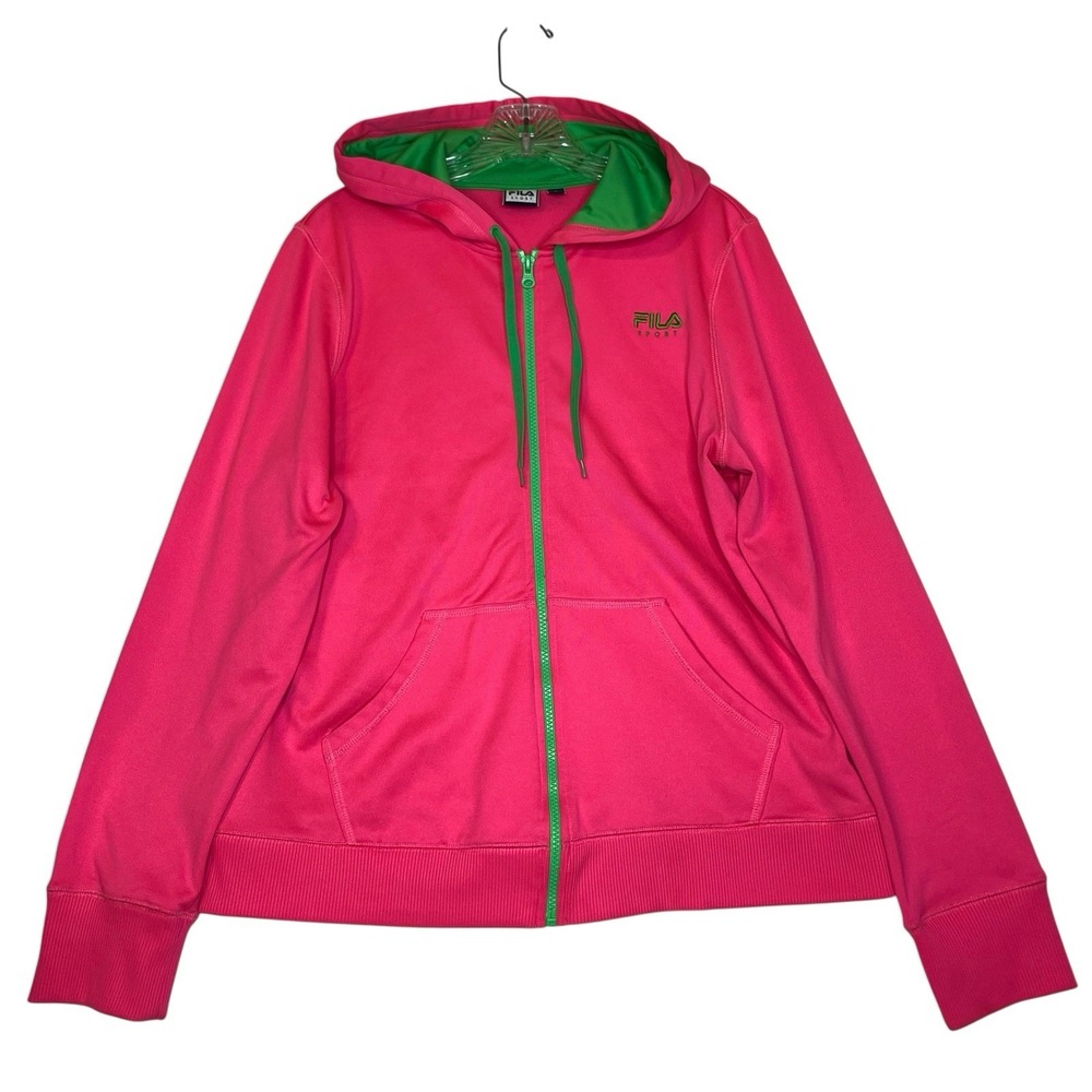 Fila Sport Hooded Sweatshirt Full Zip Neon Pink Green Women Athleisure Gym Y2K